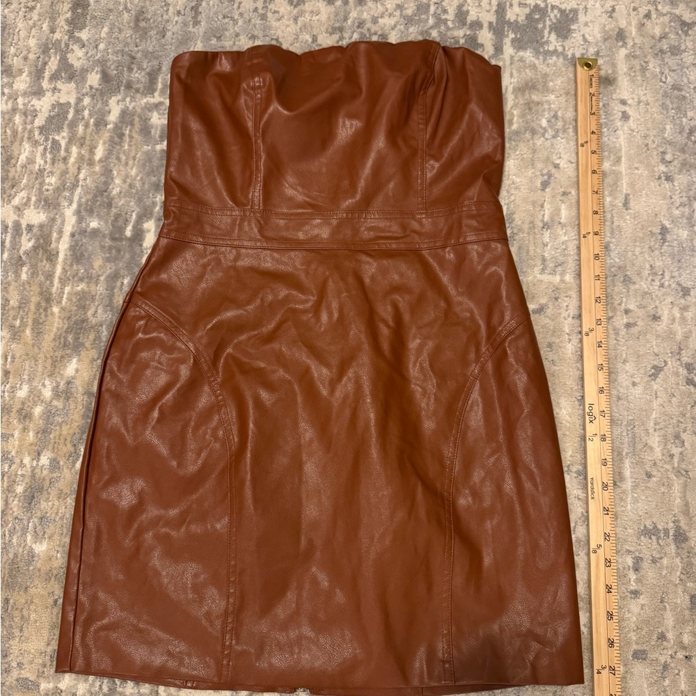 T.J.Maxx Strapless Faux Leather Mini Dress in Chestnut Brown